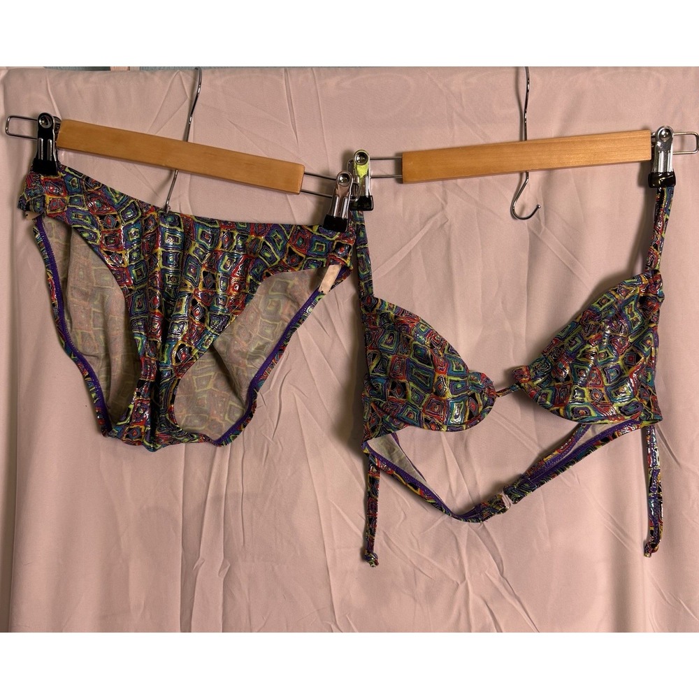 VTG Women 90S Bare Assets Geometric Purple Iridescent Swimsuit Bikini Set 9/10SM